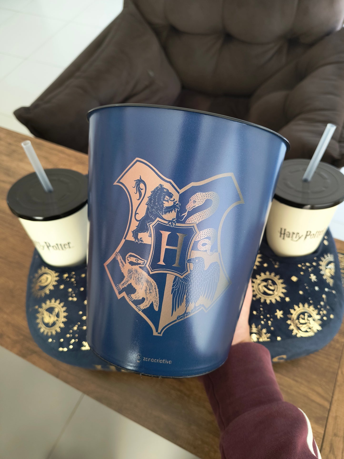 Kit 3 em 1, Almofada Pipoca + Refri: Harry Potter (casas)