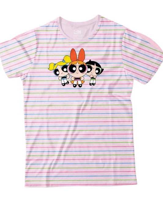 Camiseta feminina Geek: Cartoon - Meninas Superpoderosas – Estampa listrada